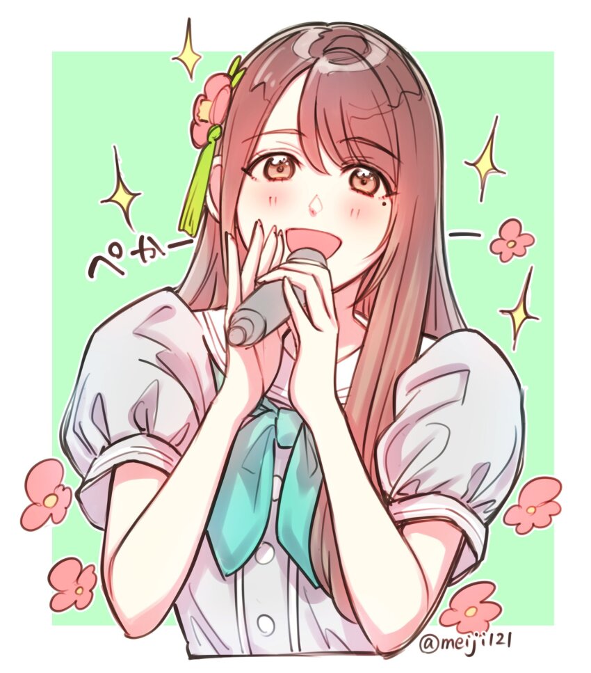 1girl :d animification aqua_neckerchief blush brown_hair commentary_request cropped_torso dress flower flower_symbol green_background hair_flower hair_ornament hanamiya_nina hasu_no_sora_school_uniform highres holding holding_microphone link!_like!_love_live! long_hair looking_at_viewer love_live! meiji_(mosamoo3) microphone mole mole_under_eye neckerchief open_mouth puffy_short_sleeves puffy_sleeves real_life red_flower sailor_collar sailor_dress school_uniform short_sleeves smile solo sparkle summer_uniform tassel tassel_hair_ornament translation_request twitter_username upper_body voice_actor white_dress white_sailor_collar