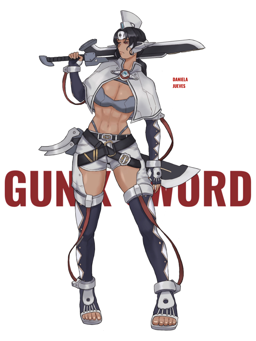 1girl belt black_belt black_hair breasts brown_eyes capelet chaps character_name chinese_commentary cleavage copyright_name dann_of_thursday dark-skinned_female dark_skin fingerless_gloves frown gloves gunxsword highres holding holding_sword holding_weapon jinri_shijie large_breasts looking_to_the_side midriff navel over_shoulder personification shorts solo sword thighhighs toes weapon weapon_over_shoulder white_shorts