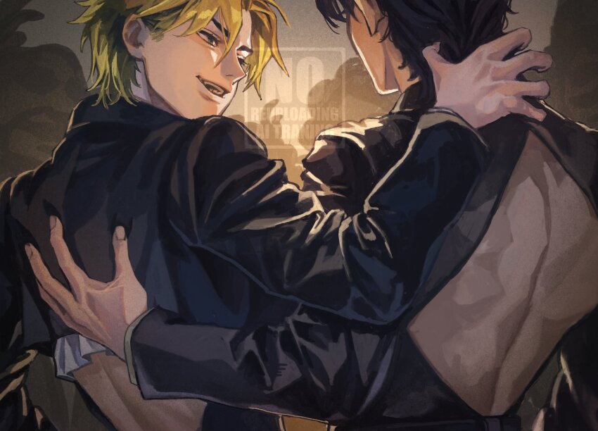 2boys back back_cutout black_hair black_jacket blonde_hair clothing_cutout curtained_hair dio_brando evil_smile film_grain hand_on_another&#039;s_back hand_on_another&#039;s_neck highres jacket jojo_no_kimyou_na_bouken jonathan_joestar looking_at_another male_focus multiple_boys open_mouth parted_bangs phantom_blood short_hair smile suit_jacket togusa_jj watermark