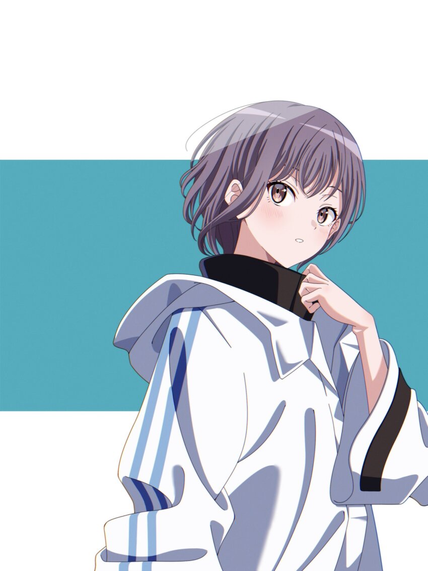 1girl bang_dream! bang_dream!_it&#039;s_mygo!!!!! blue_background blush brown_eyes commentary grey_hair hashtag-only_commentary highres hood hood_down hooded_jacket jacket long_sleeves open_mouth short_hair sidelocks solo takamatsu_tomori two-tone_background upper_body white_background white_jacket yasou0049