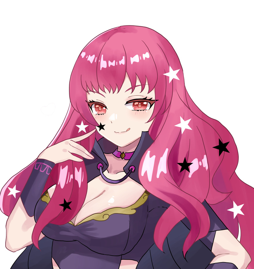 1girl absurdres black_bodysuit black_cape blush bodysuit breasts cape choker cleavage closed_mouth commentary_request fire_emblem fire_emblem_engage hair_ornament heart highres large_breasts long_hair looking_at_viewer n_54 nintendo pink_choker red_eyes red_hair smile solo star_(symbol) star_hair_ornament tongue tongue_out transparent_background wavy_hair yunaka_(fire_emblem)