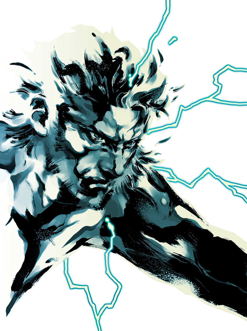 1boy bandana beard closed_mouth commentary electricity english_commentary facial_hair from_side headband highres limited_palette long_hair male_focus metal_gear_(series) metal_gear_solid_2:_sons_of_liberty official_art serious shinkawa_youji solid_snake solo third-party_source upper_body