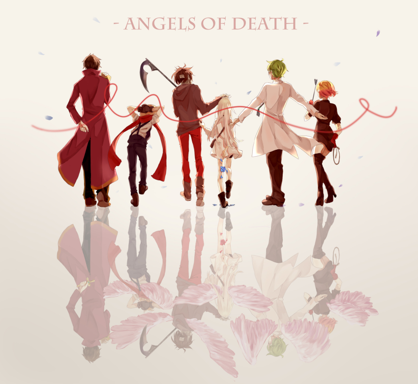 2girls 4boys abraham_gray_(satsuriku_no_tenshi) angel_wings ankle_boots arm_behind_back arms_behind_head bag bandaged_hand bandaged_head bandages black_footwear black_gloves black_hair black_jacket black_pants black_shirt black_shorts blonde_hair blue_flower blue_rose boots brown_footwear brown_hoodie cathy_(satsuriku_no_tenshi) clipboard clothes_grab coat commentary copyright_name cross danny_(satsuriku_no_tenshi) different_reflection eddie_(satsuriku_no_tenshi) english_commentary facing_away falling_petals flower from_behind full_body glasses gloves gradient_hair green_hair hand_up headpat high_heel_boots high_heels highres holding holding_clipboard holding_cross holding_riding_crop holding_scythe holding_whip hood hood_down hoodie isaac_foster jacket lab_coat long_hair long_sleeves marmalade_(7591468) mask miniskirt multicolored_hair multiple_boys multiple_girls necktie orange_hair outstretched_arms overalls pants petals pink_hair pink_wings puffy_short_sleeves puffy_sleeves rachel_gardner red_coat red_flower red_gloves red_pants red_rose red_scarf reflection reflective_floor riding_crop rose satsuriku_no_tenshi scarf scythe shirt shoes short_hair short_sleeves shorts shoulder_bag simple_background skirt spread_arms standing thigh_boots walking white_background white_jacket white_shirt wings