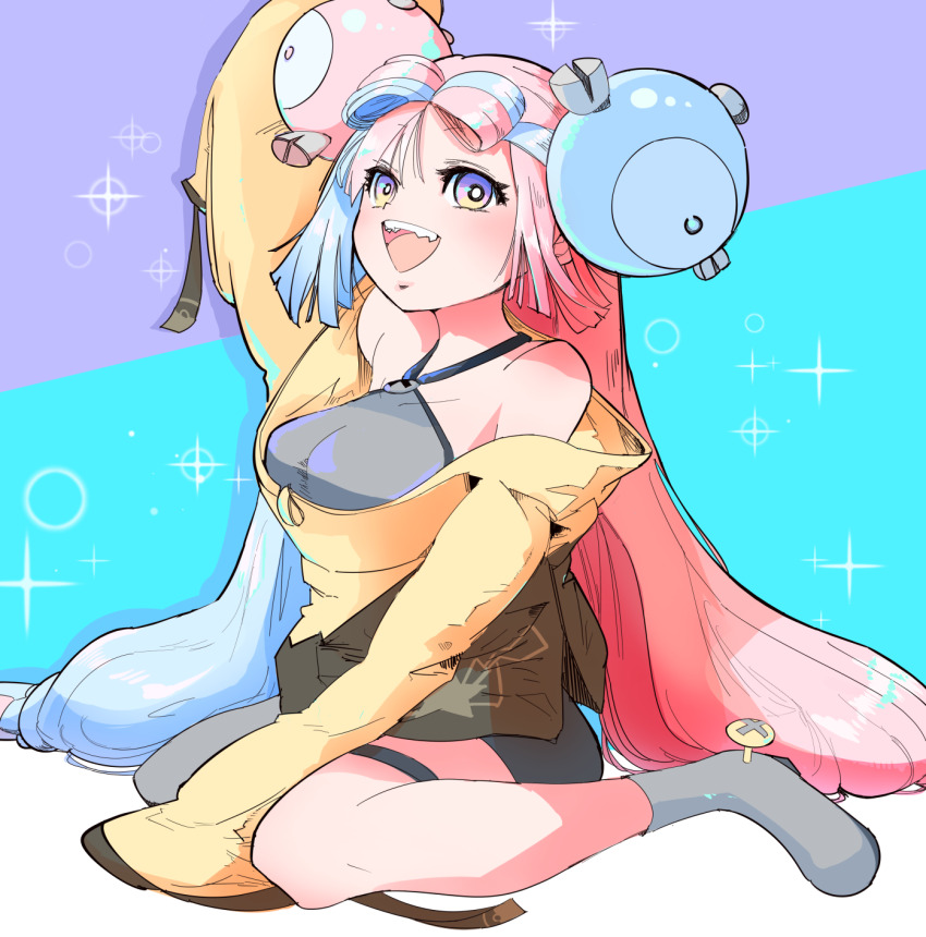 boots bow-shaped_hair character_hair_ornament fake_hair_bun grey_boots grey_pantyhose hair_ornament hexagon_print iono_(pokemon) jacket multicolored_hair oversized_clothes pantyhose pokemon pokemon_sv sharp_teeth single_leg_pantyhose sleeves_past_fingers sleeves_past_wrists split-color_hair suo_(esu) teeth two-tone_hair very_long_sleeves x yellow_jacket