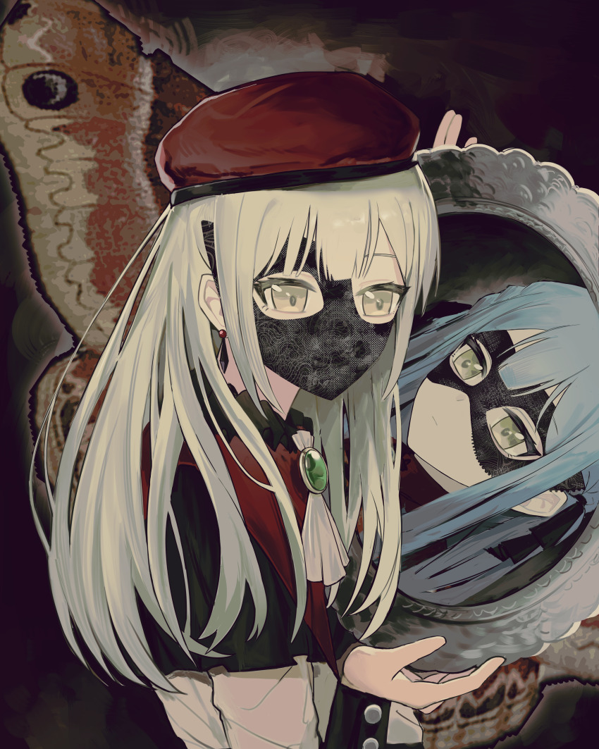 2girls absurdres anli_(jwcpp4sum0mgk5r) ascot bang_dream! bang_dream!_it&#039;s_mygo!!!!! beret black_mask black_ribbon blue_hair chinese_commentary closed_mouth commentary different_reflection earrings green_brooch green_hair hair_ribbon hat highres holding holding_mirror jewelry long_hair long_sleeves mask masquerade_mask mirror mortis_(bang_dream!) mortis_(costume)_(bang_dream!) mouth_mask multiple_girls red_hat reflection ribbon togawa_sakiko wakaba_mutsumi white_ascot