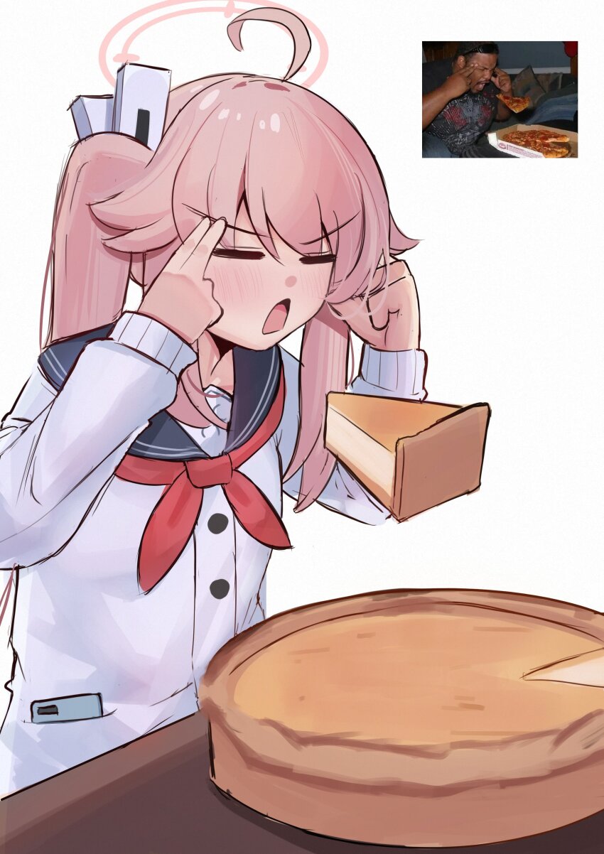 1girl =_= absurdres ahoge blue_archive blush breasts cellphone closed_eyes commentary_request food hair_ornament halo highres iog626 man_levitating_pizza_(meme) meme natsu_(blue_archive) phone pie reference_inset school_uniform side_ponytail simple_background solo telekinesis white_background