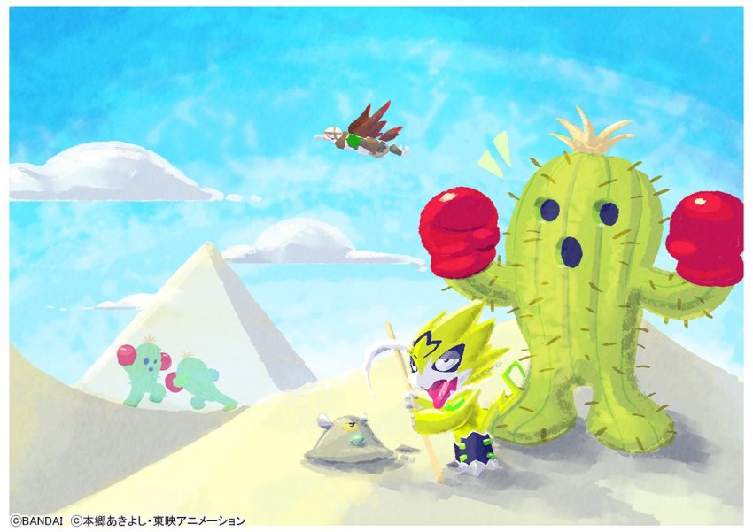 bandai blue_sky boxing_gloves cactus claws copyright_name desert digimon digimon_(creature) fangs fighting flying full_body looking_at_another official_art pulsemon pyramid_(structure) sharp_teeth sky spiked_hair sunamon sunlight sweatdrop tail teeth togemon tongue tongue_out vulturemon