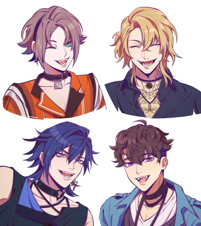 4boys ^_^ absurdres black_hair black_shirt blonde_hair blue_hair blue_jacket brown_hair chest_tattoo closed_eyes collarbone commentary english_commentary fangs highres jacket jewelry lacka luca_kaneshiro luca_kaneshiro_(1st_costume) male_focus multiple_boys mysta_rias mysta_rias_(1st_costume) necklace nijisanji nijisanji_en nijisanji_id one_eye_closed portrait purple_eyes reza_avanluna shirt smile tattoo virtual_youtuber white_shirt yugo_asuma