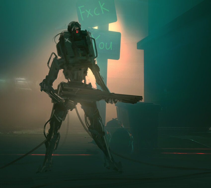 absurdres assault_rifle beam_rifle board cable cyberpunk energy_gun english_text engrish_text fog glowing glowing_eye graffiti gun highres holding holding_gun holding_weapon humanoid_robot insult light machinery mecha no_humans one-eyed original profanity ranguage realistic red_eyes rifle road_sign robot science_fiction sign soldier vandalism weapon zhangluye