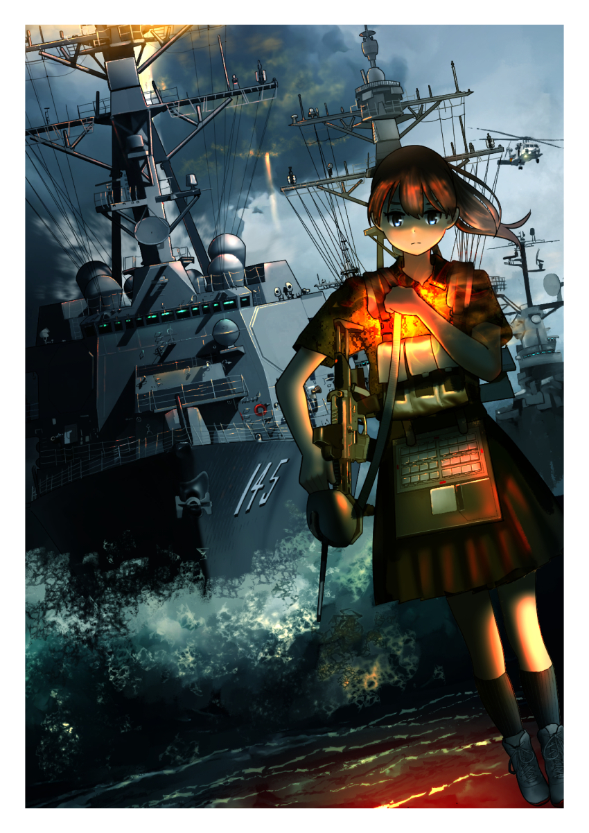 1girl aircraft alternate_weapon blue_eyes brown_hair destroyer hair_between_eyes helicopter highres intrepid_(kancolle) kantai_collection military_vehicle name_connection ocean on_liquid ponytail ship short_hair standing timmyyen uss_intrepid_(ddg-145) warship watercraft weapon