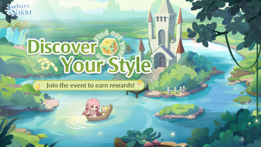 1girl =_= ahoge animal artist_request bare_shoulders black_bow black_ribbon blue_sky blunt_bangs boat bow bowtie bra_strap brown_eyes castle cat chibi choker cloak clothed_animal cloud commentary copyright_logo day dice ear_covers english_commentary english_text eyelashes fireflies frilled_shirt frilled_skirt frills hair_bow hair_ribbon hands_on_own_knees happy highres hood hood_up hooded_cloak infinity_nikki kneehighs knees_up lake logo long_hair long_sidelocks long_sleeves low_twintails miniskirt momo_(nikki) mountainous_horizon nikki_(nikki) nikki_(series) off-shoulder_shirt off_shoulder official_art open_mouth orange_bow orange_bowtie outdoors perfect_start_(infinity_nikki) pink_choker pink_hair pink_skirt plant pleated_skirt puffy_long_sleeves puffy_sleeves ribbon ripples scenery second-party_source shadow shirt sidelocks sitting skirt sky smile socks tareme traditional_bowtie tree tress_ribbon twintails very_long_hair vines watercraft wavy_hair whiskers white_cat white_shirt white_socks yellow_cloak