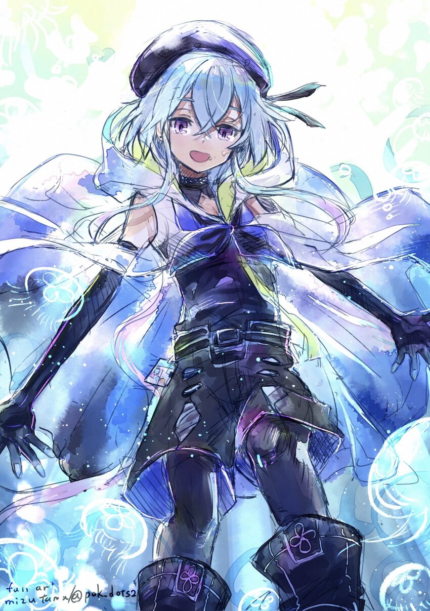 1girl arknights black_gloves blue_hair cloak elbow_gloves gloves hat highres jellyfish mizuki_(arknights) mizutama_(mizutamalion) short_hair sketch underwater