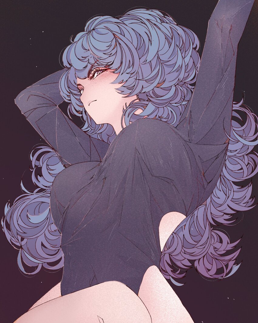 1girl arm_behind_head arm_up blush breasts closed_mouth covered_navel cowboy_shot elliemaplefox eyelashes gradient_background gradient_eyes highres large_breasts long_hair long_sleeves looking_at_viewer mole mole_under_eye multicolored_eyes original pink_eyes purple_background purple_hair purple_shirt shirt solo thighs yellow_eyes