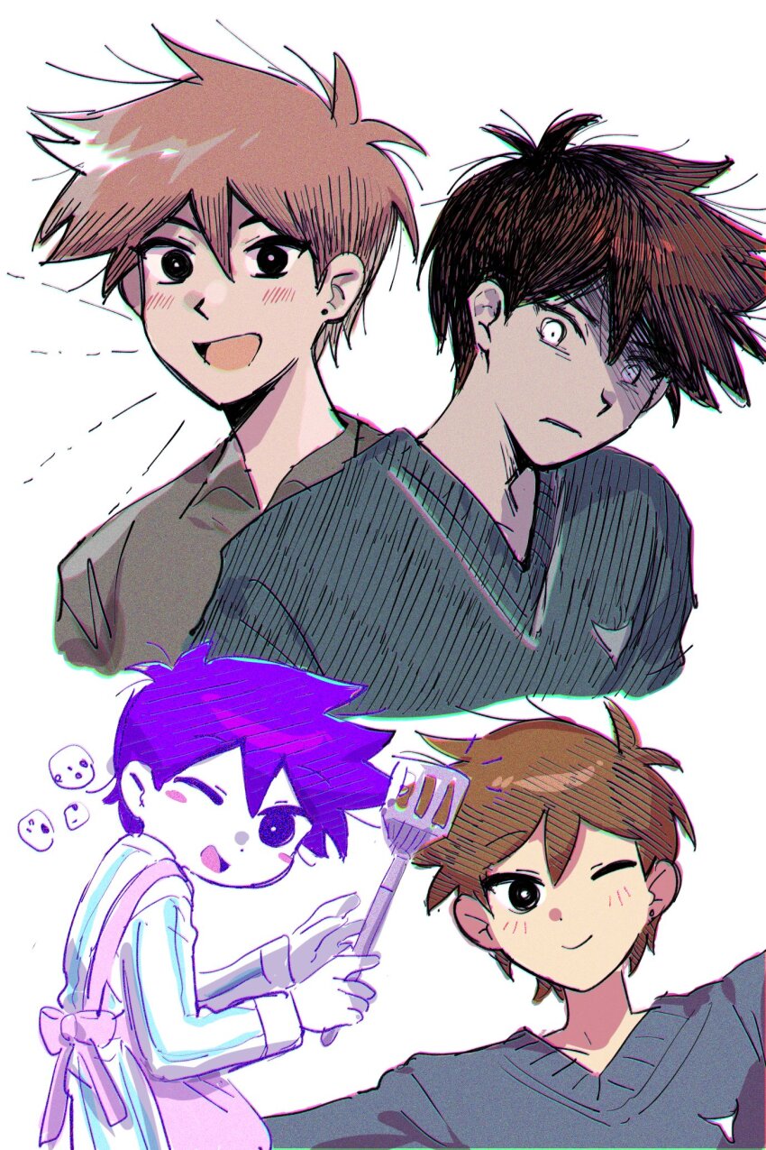 2boys antenna_hair apron black_eyes blue_sweater blush brown_hair bu3hgg closed_mouth collarbone colored_skin dark-skinned_male dark_skin double-parted_bangs dual_persona ear_piercing hair_between_eyes hero_(faraway)_(omori) hero_(headspace)_(omori) hero_(omori) highres holding holding_spatula long_sleeves looking_at_viewer male_focus multiple_boys omori one_eye_closed open_mouth pajamas piercing pink_apron purple_eyes purple_hair short_hair simple_background smile spatula striped_clothes striped_pajamas sweater vertical-striped_clothes vertical-striped_pajamas white_background white_eyes white_skin