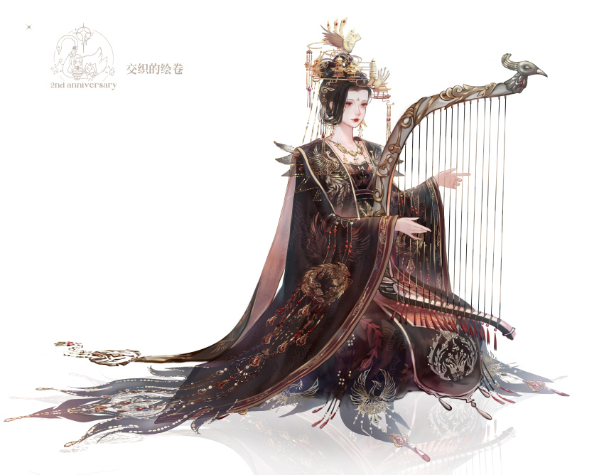 1girl absurdres beads bird_hair_ornament black_hair black_hanfu black_tabard bow-shaped_hair character_request chinese_clothes chinese_commentary chinese_text closed_mouth commentary_request crown expressionless eyelashes facial_mark forehead_mark full_body gold_crown gold_necklace hair_bun hair_ornament hair_rings hanfu harp highres instrument jewelry jiaopiupiu kneeling lipstick long_sleeves looking_at_object makeup music necklace nikki_(series) orange_eyes playing_instrument red_lips reflective_floor shining_nikki short_hair simple_background single_hair_bun solo tabard translation_request updo watermark white_background wide_sleeves