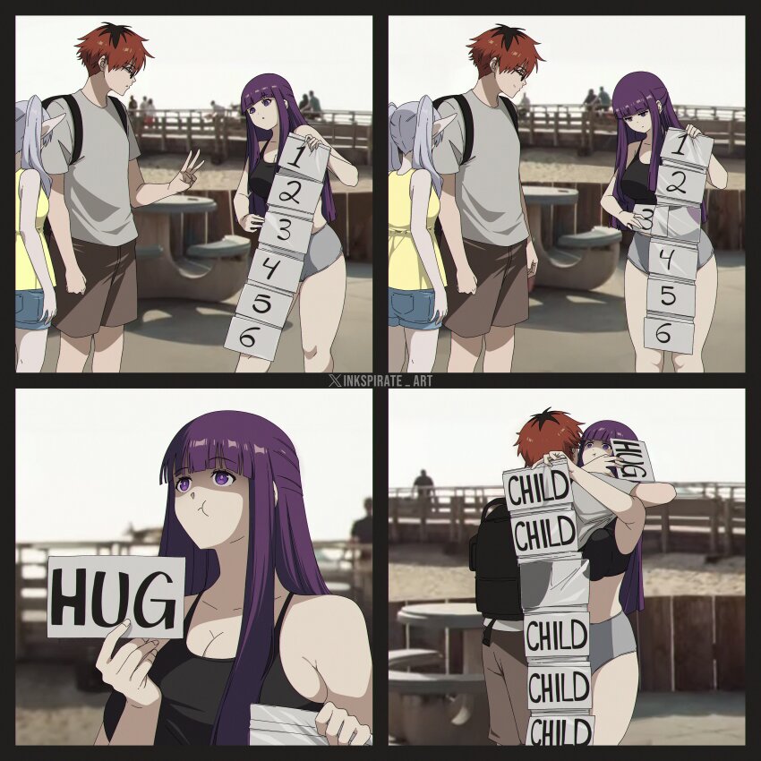 1boy 2025 2girls 4koma absurdres armpits artist_name bare_shoulders beach black_hair blunt_bangs breasts camisole cleavage collarbone comic expressionless feet_out_of_frame fern_(sousou_no_frieren) frieren grey_hair highres hug inkspirate large_breasts long_hair meme multicolored_hair multiple_girls photo_background pout purple_eyes red_eyes requesting_impregnation shirt short_hair short_shorts shorts sidelocks sousou_no_frieren standing stark_(sousou_no_frieren) straight_hair t-shirt twintails two-tone_hair