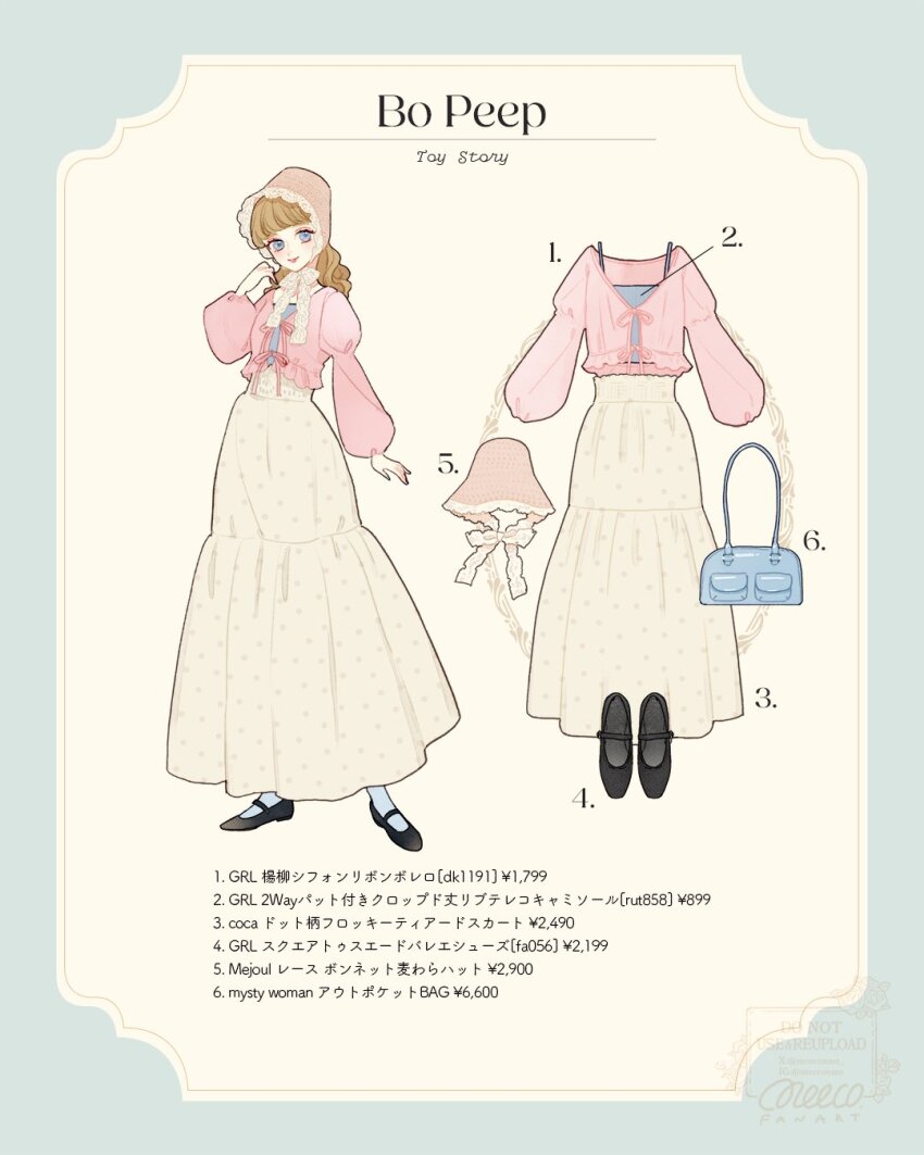 1girl bag blonde_hair blue_eyes bo_peep_(toy_story) character_name copyright_name full_body happy highres long_sleeves meecosme ribbon shirt shoes short_sleeves simple_background skirt smile standing toy_story translated