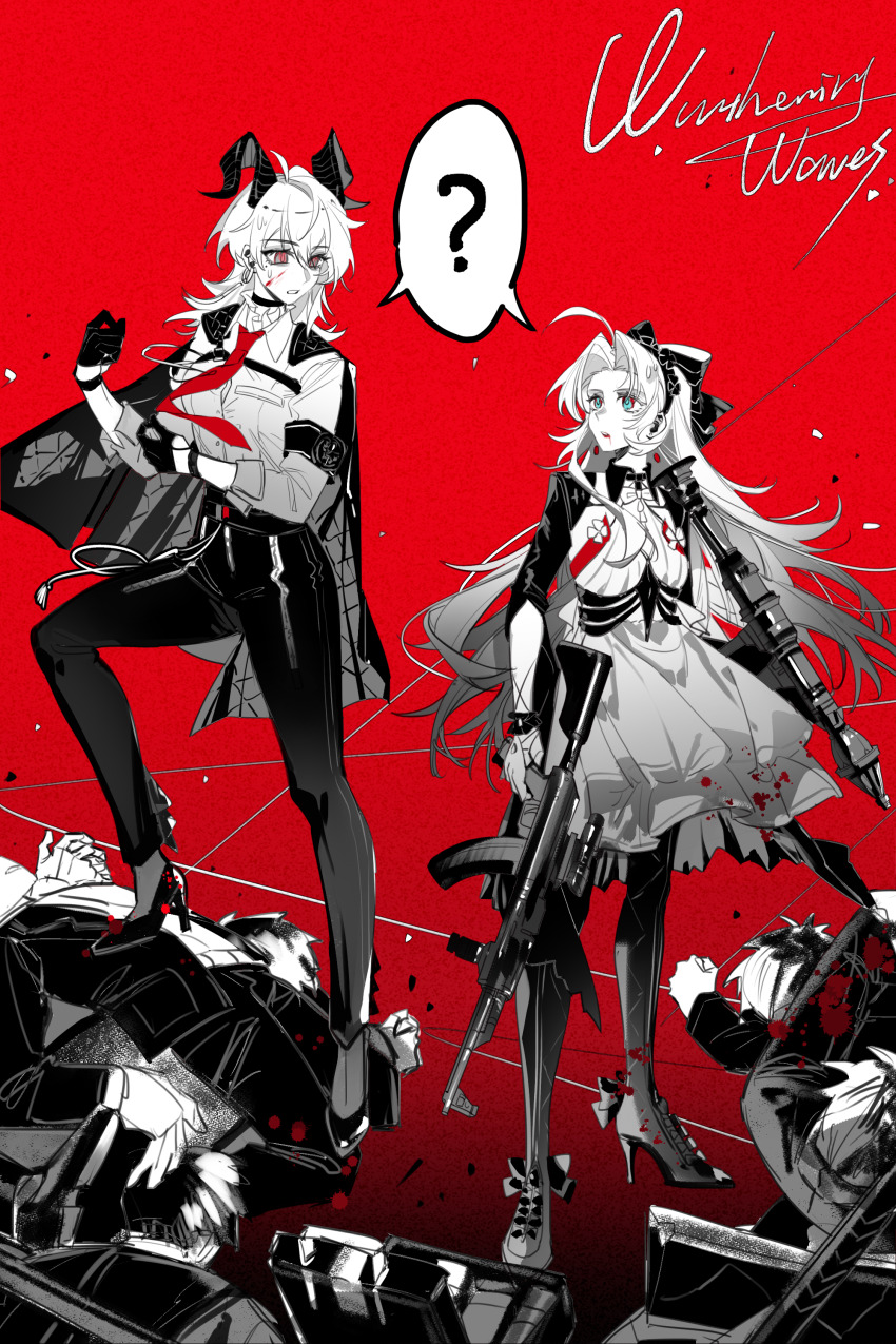 2girls ? absurdres akm assault_rifle black_horns carlotta_(wuthering_waves) curled_horns dual_wielding greyscale greyscale_with_colored_background gun highres holding holding_gun holding_weapon horns kalashnikov_rifle monochrome multiple_girls pokki961 red_background rifle weapon wuthering_waves zani_(wuthering_waves)