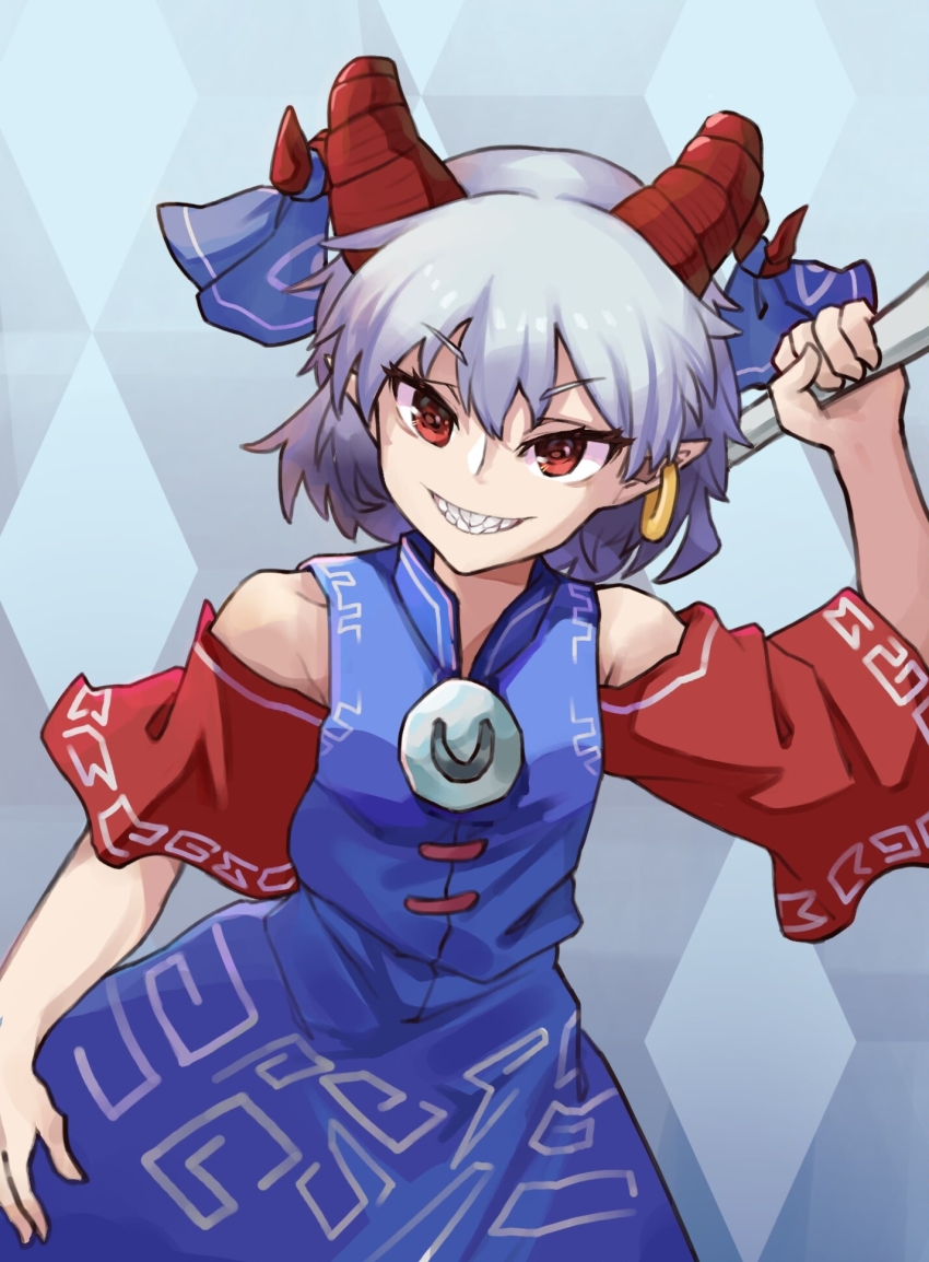 1girl bare_shoulders blue_ribbon blue_skirt blue_vest chinese_commentary commentary cowboy_shot detached_sleeves earrings gold_earrings grey_hair grin highres holding hoop_earrings horn_ornament horn_ribbon horns jewelry looking_at_viewer onionmay open_mouth pointy_ears print_skirt rectangular_pupils red_eyes red_horns red_sleeves ribbon sheep_horns short_hair short_sleeves single_earring skirt smile solo standing teeth touhou toutetsu_yuuma vest