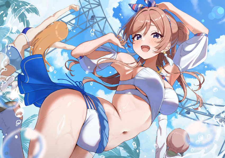 3girls arimura_mao arm_up armpits arms_up ass bikini bikini_top_only blue_bikini blue_eyes blue_sky blush bob_cut breasts brown_hair cloud cloudy_sky concert day denim denim_shorts detached_sleeves earrings gakuen_idolmaster hair_bun hair_ribbon highres himesaki_rinami idol idolmaster jewelry kimi_to_semi_blue_(idolmaster) large_breasts long_hair looking_at_viewer multiple_girls music navel open_mouth orange_hair outdoors pink_hair puffy_short_sleeves puffy_sleeves ribbon shirt shiun_sumika short_hair short_sleeves shorts side_up_bun singing single_side_bun sky smile solo_focus swimsuit wanimaru wet white_bikini white_shirt