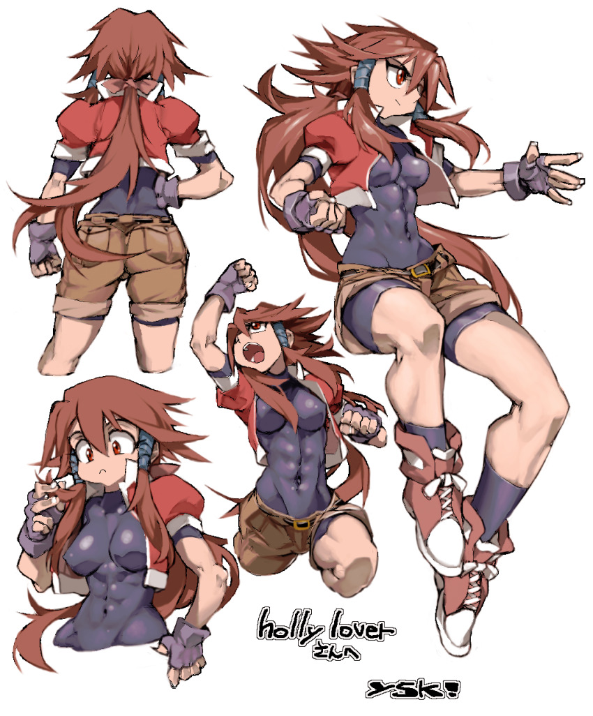 1girl bodysuit bodysuit_under_clothes borrowed_character brown_hair fingerless_gloves gloves highres kannagi_ohka kneehighs multiple_views original red_eyes shoes shorts sidelocks sneakers socks ysk!