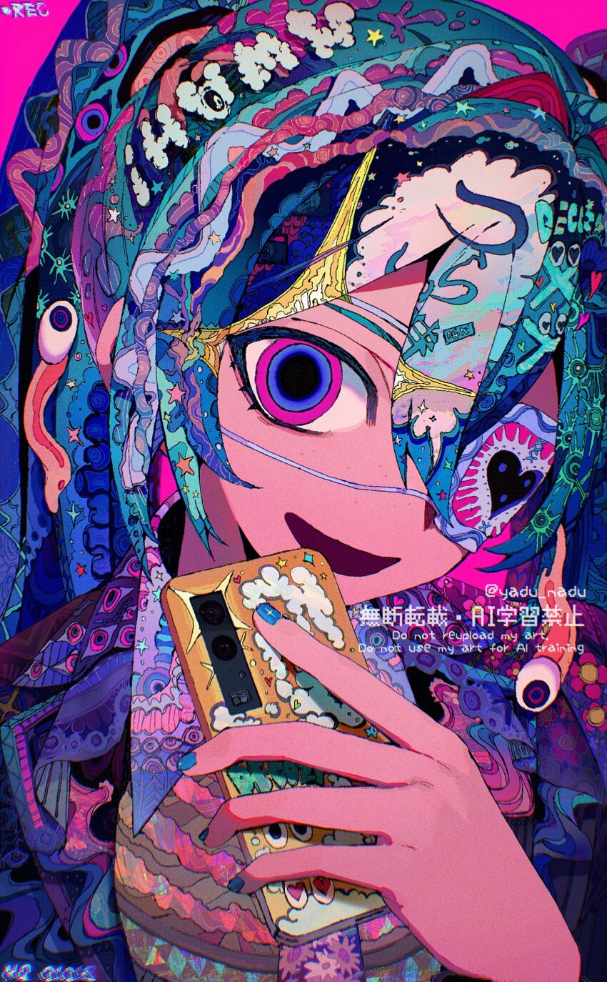 1girl :d absurdres artist_name chinese_text collared_shirt deco27 english_text eyeball eyepatch glitch hair_between_eyes hallucination hatsune_miku heart highres holding holding_phone jacket long_hair looking_at_viewer medical_eyepatch monitoring_(vocaloid) multicolored_jacket necktie open_mouth phone recording ringed_eyes shirt smile solo twintails upper_body yadu_nadu