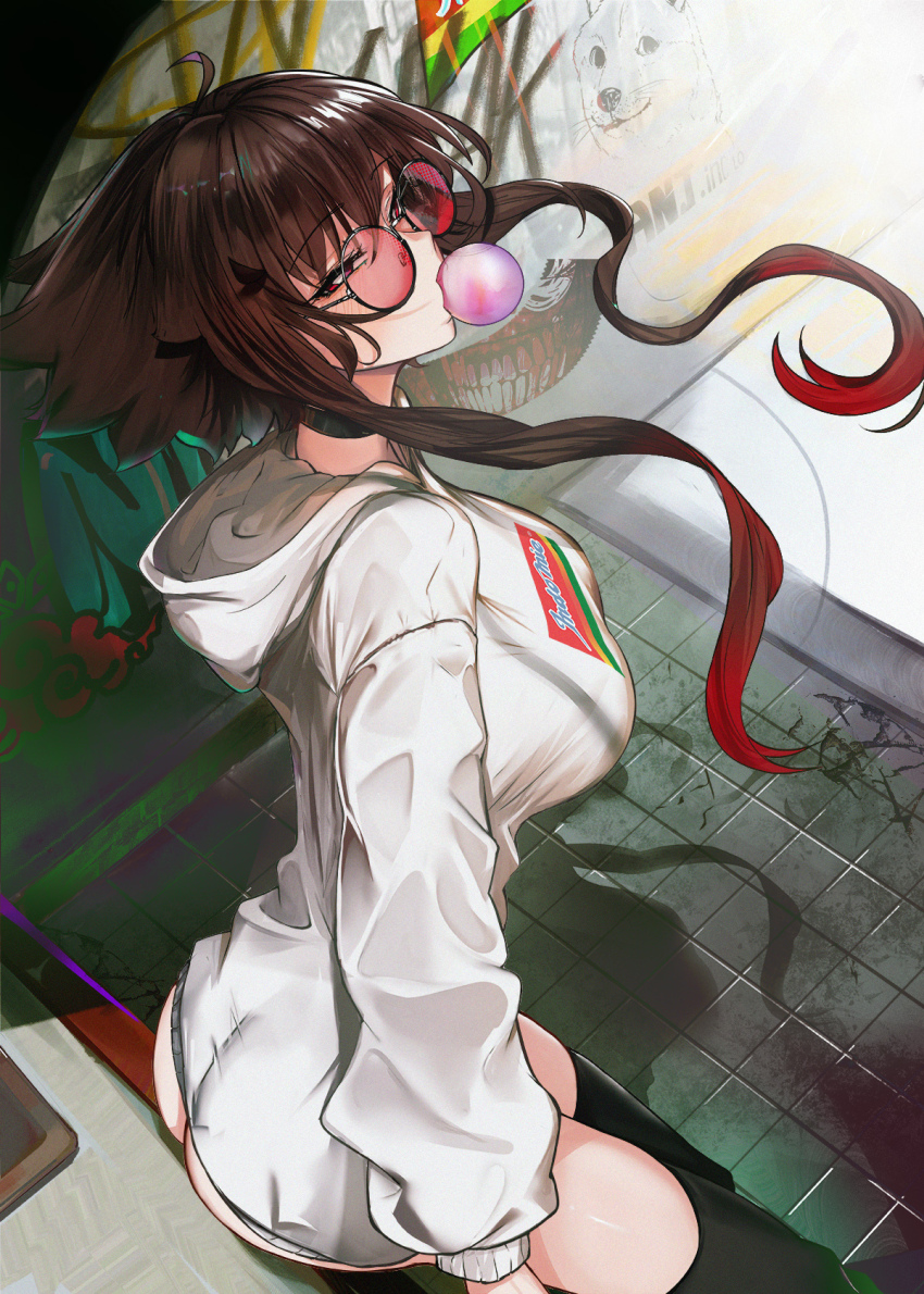 1girl ahoge ass black_choker black_thighhighs blowing_bubbles breasts brown_eyes brown_hair chewing_gum choker glasses gradient_hair graffiti highres hood hood_down hoodie indomie_(brand) large_breasts long_hair long_sleeves looking_at_viewer looking_over_eyewear multicolored_hair nin_fake original pink-tinted_eyewear red-tinted_eyewear red_hair round_eyewear short_hair_with_long_locks sidelocks sitting solo sunglasses thighhighs tinted_eyewear white_hoodie