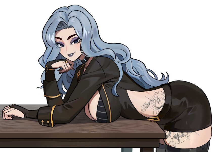 1girl arm_on_table bending black_choker blue_eyes blue_hair breast_rest breasts breasts_on_table choker cleavage hand_on_own_face highres hip_tattoo long_hair looking_at_viewer makeup original sideboob thighhighs thighs zeon_(zzeeonn)