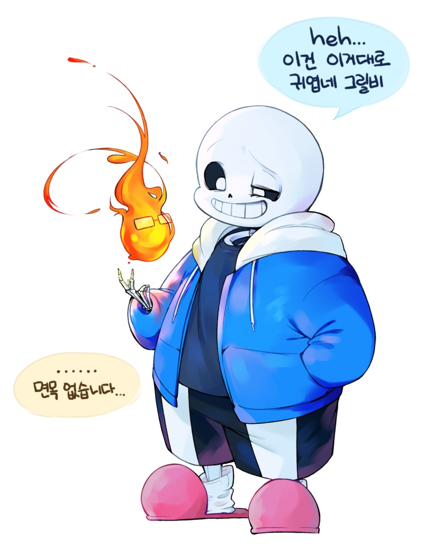 2boys full_body grillby highres jacket korean_text multiple_boys sandals sans_(undertale) simple_background smile standing translation_request undertale white_background yamtteng