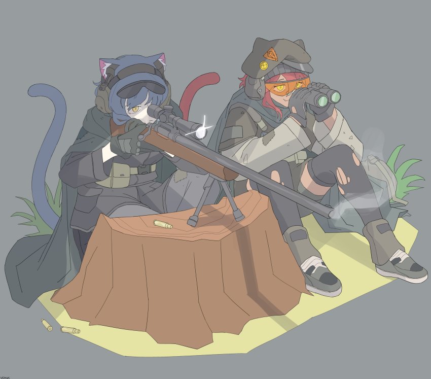 19vodnik 2girls absurdres ammunition_pouch animal_ears beret binoculars bipod cat_ears cat_girl cat_tail cloak ear_protection glasses glint gloves grass gun hat highres holding holding_weapon multiple_girls original pouch rifle sitting smoke smoking_barrel sniper_rifle tail tree_stump weapon