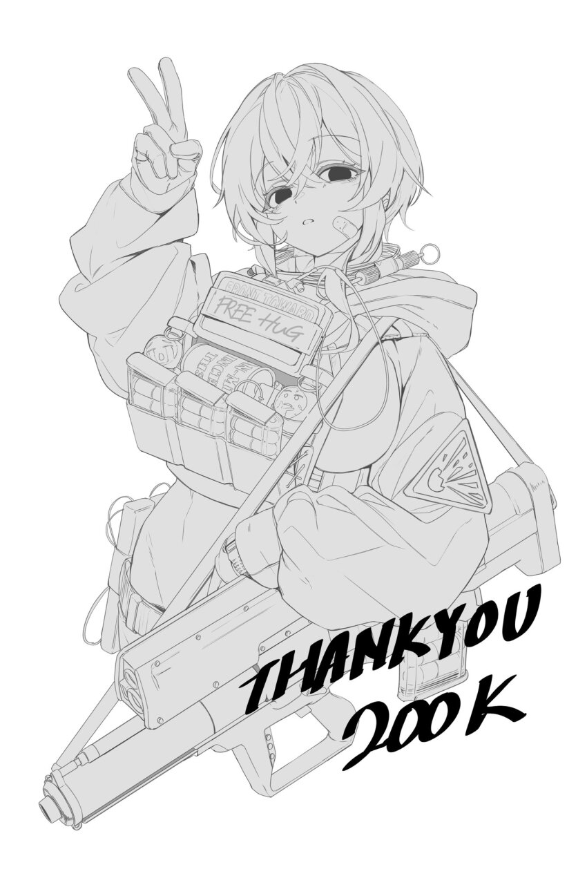 1girl bandaid bandaid_on_face crop_top gloves gun highres hood hood_down monochrome nine_(kanine41) solo v weapon