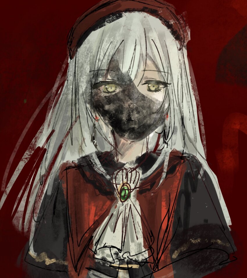 1girl ascot bang_dream! bang_dream!_it&#039;s_mygo!!!!! beret black_capelet black_mask capelet glasskz_impact green_brooch green_hair hat highres long_hair mask mortis_(bang_dream!) mortis_(costume)_(bang_dream!) mouth_mask red_background red_hat solo upper_body wakaba_mutsumi white_ascot yellow_eyes