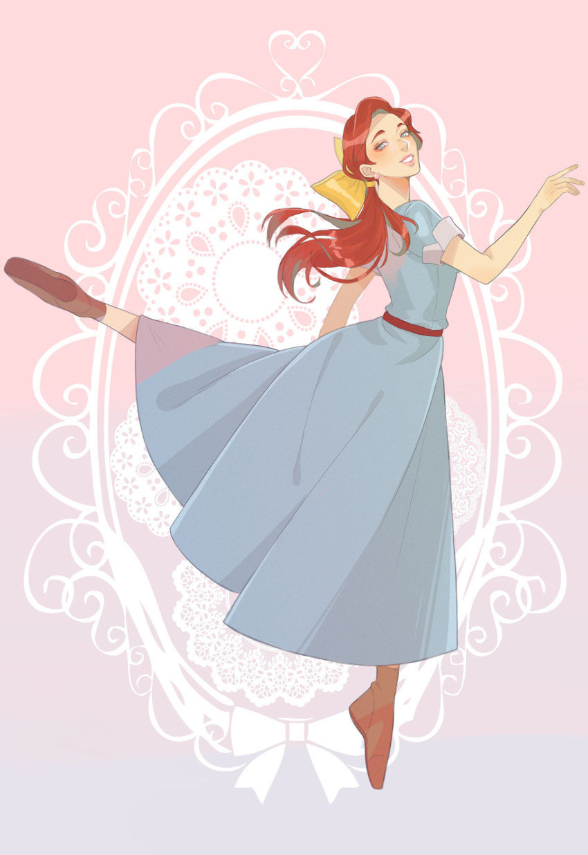 1girl anastasia_(1997) anya_(anastasia) blue_dress blue_eyes bow brown_footwear commentary_request dress eyeshadow full_body hair_bow highres leg_up makeup parted_lips penginius pink_lips ponytail profile red_hair russian_commentary short_sleeves smile solo yellow_bow