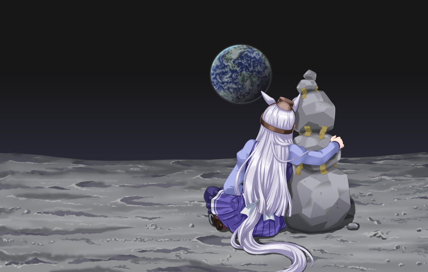1girl animal_ears arm_up back_bow black_sky bow brown_hat commentary_request duct_tape ear_covers earth_(planet) facing_away from_behind gold_ship_(umamusume) grey_hair hat highres horse_ears horse_girl horse_tail leaning_to_the_side long_hair long_sleeves on_moon pillbox_hat planet pleated_skirt rock school_uniform shirt shoes sitting skirt sky solo tail tracen_school_uniform umajiri_gyuunyuu umamusume very_long_hair