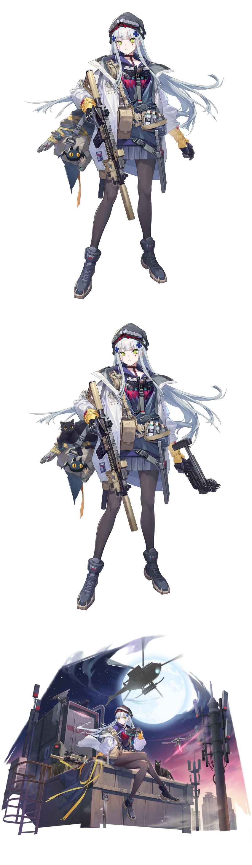 1girl absurdres aircraft ammunition_pouch assault_rifle black_cat cat clukay_(neural_cloud) colored_shoe_soles drone dual_wielding eotech explosive full_body full_moon girls&#039;_frontline girls&#039;_frontline_neural_cloud green_eyes grenade grenade_launcher gun h&amp;k_hk416 hat heckler_&amp;_koch helicopter highres hk416_(girls&#039;_frontline) holding holding_gun holding_weapon incredibly_absurdres knife laser_sight load_bearing_equipment long_hair m320 moon multiple_views official_art pantyhose pleated_skirt pouch rifle sheath shoes simple_background skirt sneakers solo suppressor tachi-e thighhighs trigger_discipline vertical_foregrip weapon white_background white_hair yitiao_er-hua