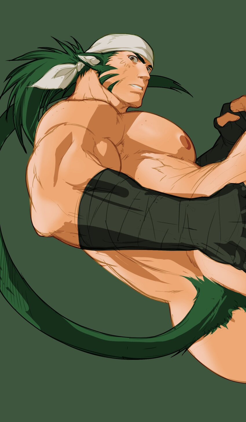 1boy animal_ears bandana bara commentary cropped dizdoodz english_commentary fire_emblem fire_emblem:_path_of_radiance green_background green_hair highres large_pectorals looking_back male_focus muarim_(fire_emblem) muscular muscular_male nintendo nipples paid_reward_available parted_lips pectorals simple_background solo tail