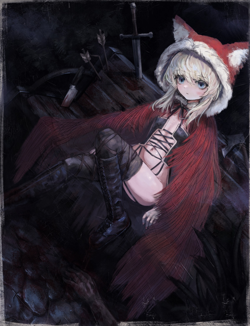 1girl absurdres animal_ear_hood animal_hood black_souls black_thighhighs blonde_hair blood blue_eyes cape closed_mouth fake_animal_ears flat_chest fur-trimmed_hood fur_trim highres hood hood_up hooded_cape medium_hair navel on_bench red_hood_(black_souls) ropeperson sitting solo thighhighs weapon