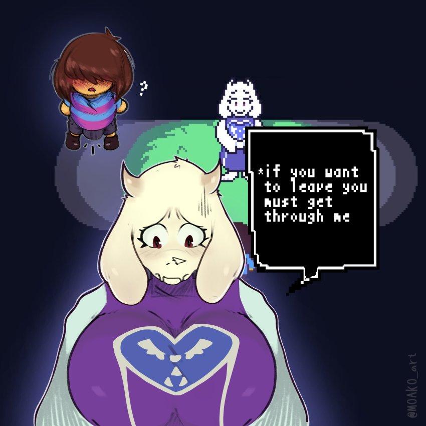 1boy 1girl ? absurdres blush breasts brown_hair bulge clothes embarrassed english_text frisk_(undertale) furry furry_female furry_with_non-furry highres huge_breasts interspecies looking_at_viewer medium_hair open_mouth red_eyes shakemilk size_difference speech_bubble toriel undertale