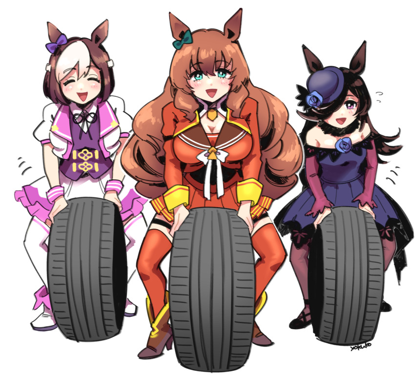 3girls :d aqua_eyes black_bow black_ribbon black_thighhighs blue_bow blue_dress blue_flower blue_headwear blue_rose boots bow bowtie breasts brown_footwear brown_hair carport_maluzen dress ear_bow facing_viewer flower fur_collar green_bow grey_bow hair_bow hair_over_one_eye hat hat_flower high_heel_boots high_heels highres horse_girl jacket large_breasts long_hair long_sleeves looking_at_viewer maruzensky_(umamusume) multiple_girls neck_ribbon off-shoulder_dress off_shoulder open_mouth parody puffy_short_sleeves puffy_sleeves purple_eyes red_jacket red_skirt red_thighhighs ribbon rice_shower_(umamusume) rolling_tire rose short_dress short_hair short_sleeves signature simple_background skirt smile special_week_(umamusume) thighhighs tilted_headwear umamusume unused_tire wavy_hair white_background white_bow white_bowtie white_footwear white_hair white_jacket white_skirt white_thighhighs yokuko_zaza