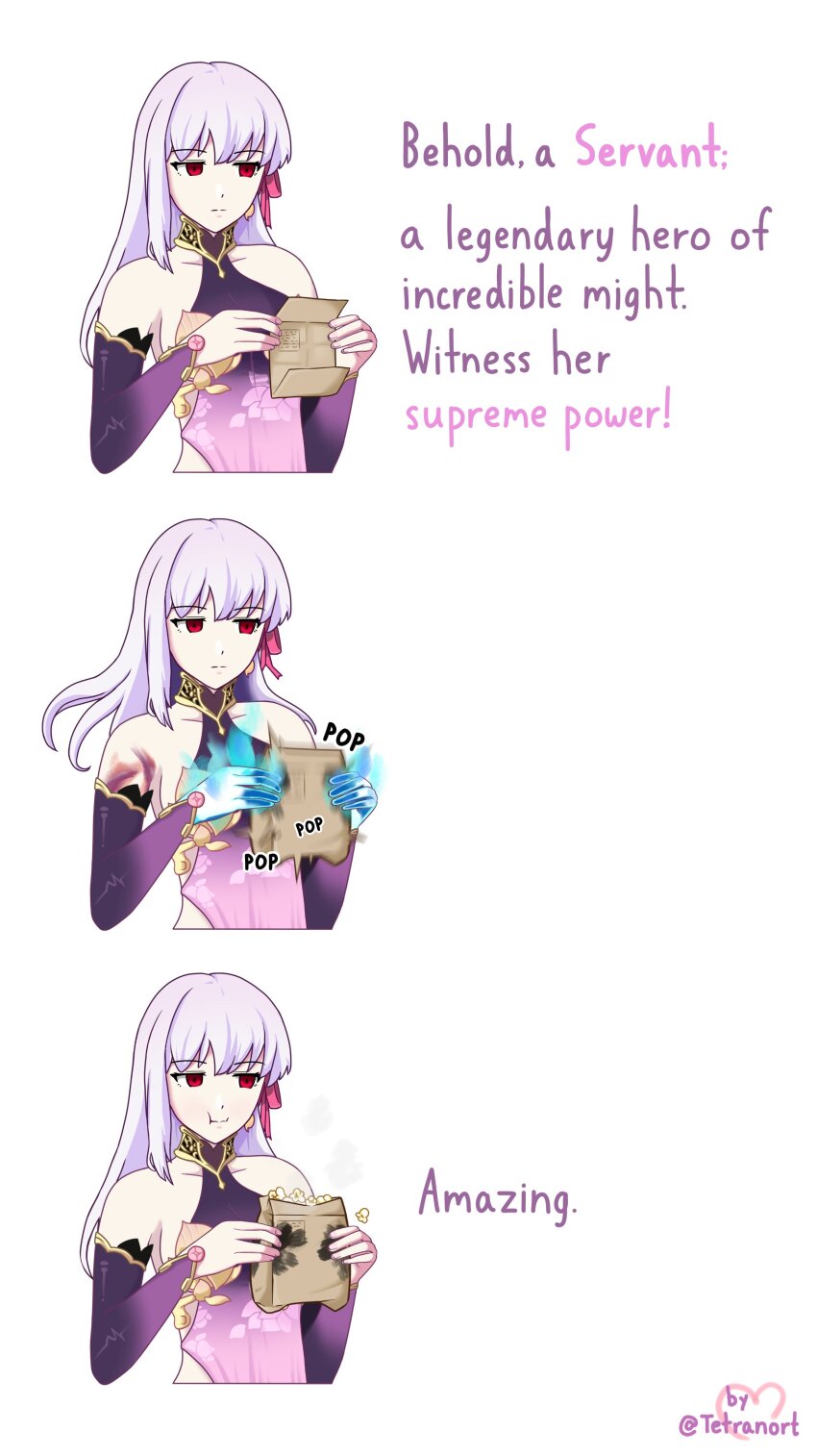 1girl 3koma absurdres artist_name bag blue_fire comic commentary cropped_torso detached_sleeves dress eating english_text expressionless fate/grand_order fate_(series) fire fire floral_print food gold_choker gold_trim grey_hair hair_ribbon hands_up highres holding holding_bag jewelry jitome kama_(fate) long_hair looking_down mundane_utility paper_bag popcorn purple_dress red_eyes ribbon simple_background sleeveless tetranort twitter_username white_background