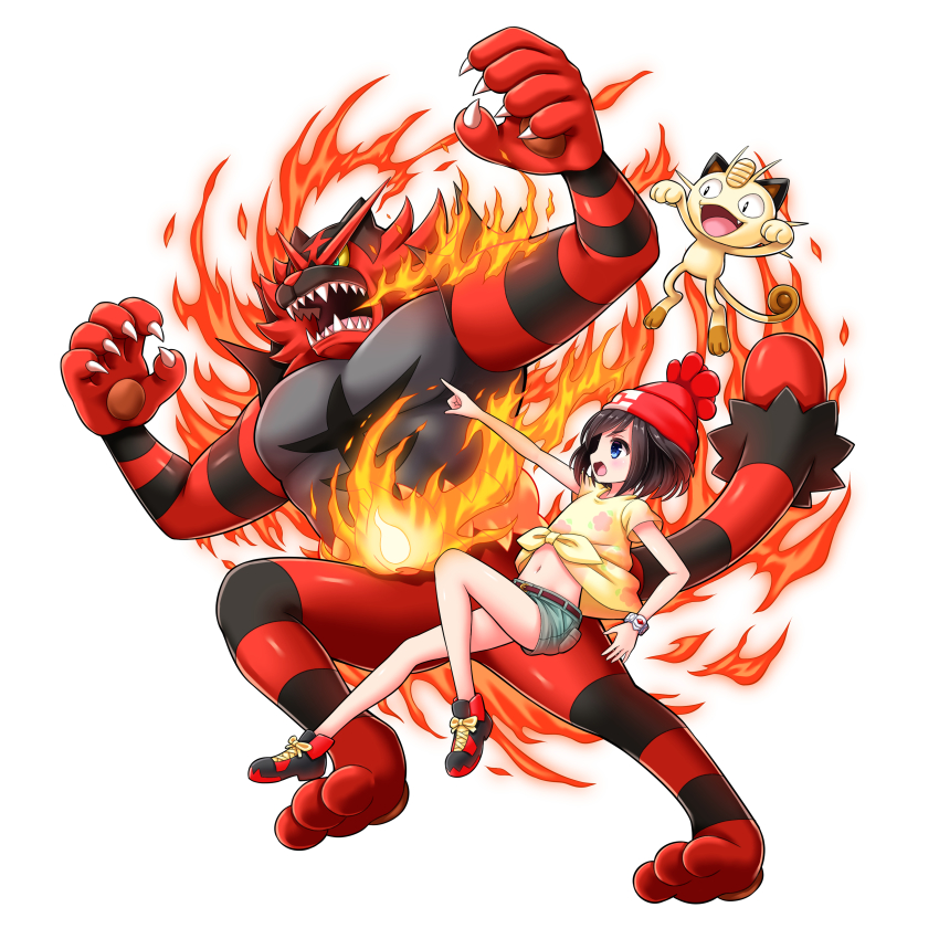 1girl absurdres beanie belt black_hair blue_eyes bluebird_(bluebird90) fire gen_1_pokemon gen_7_pokemon green_shorts hat highres incineroar meowth nintendo open_mouth player_character pointing pointing_forward pokemon pokemon_(creature) pokemon_sm red_hat selene_(pokemon) shirt short_hair short_sleeves shorts simple_background tied_shirt white_background z-ring