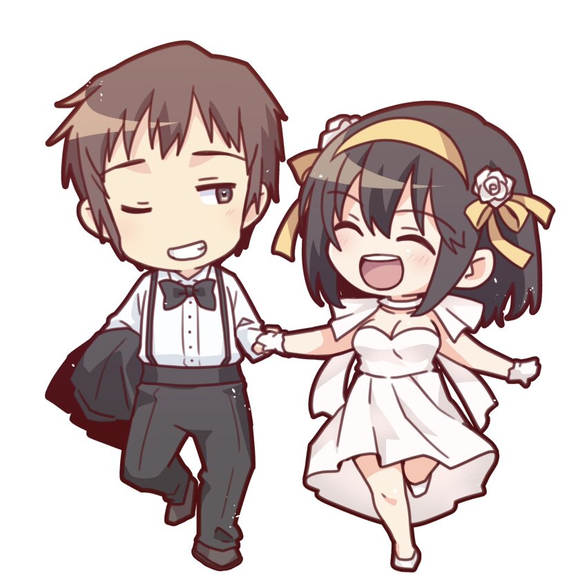 1boy 1girl black_bow black_bowtie black_pants black_shoes bow bowtie breasts brown_eyes brown_hair chibi cleavage collared_shirt commentary_request dress facing_another flower gloves grin hair_flower hair_ornament hair_ribbon hairband happy highres kyon looking_at_another medium_hair open_mouth pants ribbon shirt shoes short_hair simple_background smile suspender_pants suzumiya_haruhi suzumiya_haruhi_no_yuuutsu taiki_(6240taiki) teeth white_background white_dress white_gloves white_shirt white_shoes yellow_hairband yellow_ribbon
