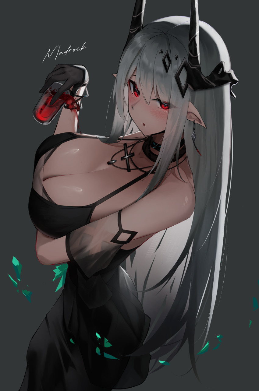 1girl absurdres arknights arm_under_breasts black_dress black_gloves breasts character_name cleavage commentary cross cross_necklace cup demon_girl demon_horns dress gloves grey_background grey_hair highres holding holding_cup horns infection_monitor_(arknights) jewelry large_breasts mudrock_(arknights) mudrock_(obsidian)_(arknights) necklace official_alternate_costume pointy_ears red_eyes simple_background solo yuki_(yuki_yu_owo)