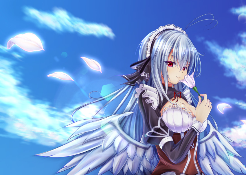 ahoge aneten angel_wings blue_hair blue_sky breasts cleavage emil_chronicle_online flower frills from_side holding holding_flower large_breasts maid maid_headdress mitama_kyrie red_eyes sky wings
