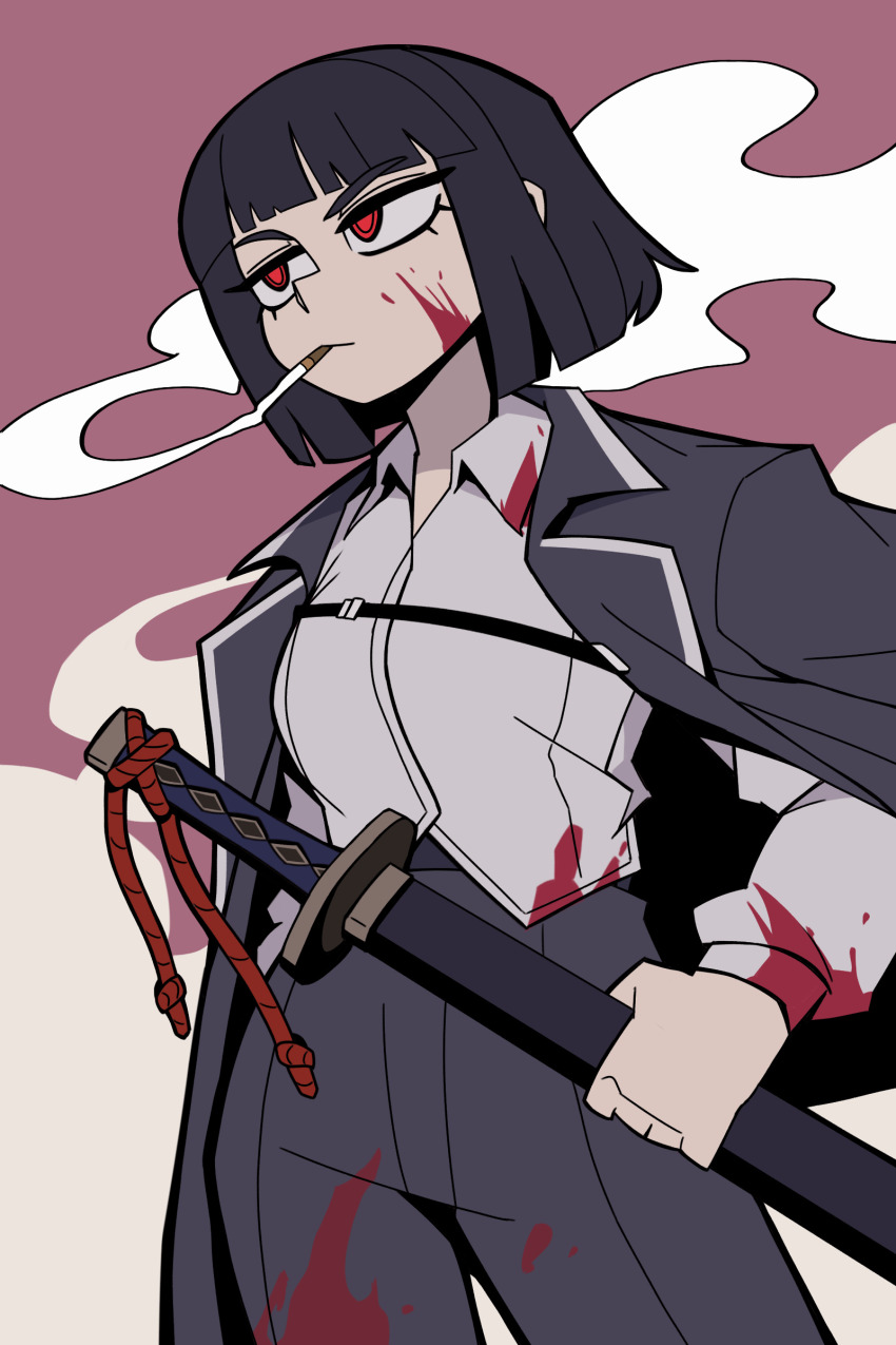 1girl absurdres bean52623818 black_hair blood blood_on_clothes blood_on_face blunt_bangs cigarette collared_shirt grey_pants highres holding holding_sheath limbus_company long_sleeves pants project_moon red_eyes ryoshu_(project_moon) sheath sheathed shirt short_hair smoking solo sword weapon white_shirt