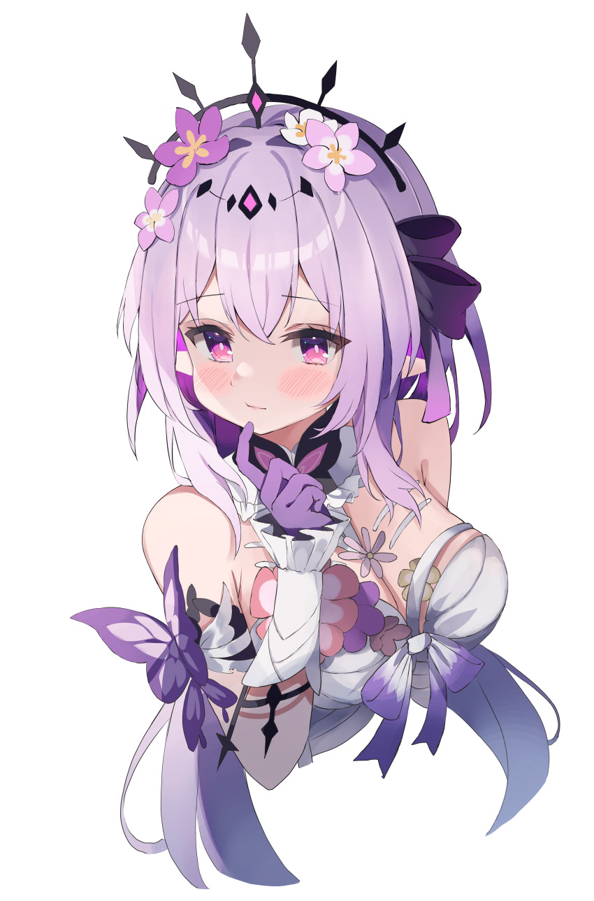 1girl absurdres blush breasts castorice_(honkai:_star_rail) cleavage commentary cropped_torso detached_sleeves dress elf flower gloves hair_flower hair_ornament hand_up highres honkai:_star_rail honkai_(series) large_breasts long_hair looking_to_the_side pointy_ears pota_ken purple_eyes purple_gloves purple_hair simple_background solo white_background white_dress