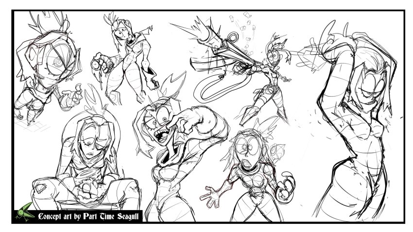 6+girls absurdres angel_(the_gaslight_district) assault_rifle bandaged_arm bandaged_chest bandaged_leg bandaged_torso bandaged_waist bandages bird black_border border breasts chair closed_eyes commentary concept_art covered_armpit covered_groin covered_knees covered_navel curtained_hair english_commentary english_text eyelashes fewer_digits finger_in_own_mouth firing foreshortening fulltimeseagull glitch_productions gloves groin gums gun gun_sling half_updo halo head_tilt high_ponytail highres holster leaning_forward leg_up legs_together lower_eyelashes_only lowered_eyelids magazine_(weapon) medium_breasts melancholy_hill monochrome mouth_pull multiple_girls narrow_waist nose official_art on_chair ponytail raised_eyebrow rifle scope second-party_source shell_casing sitting sketch skinny teeth the_gaslight_district thighs tongue turtleneck tying_hair weapon