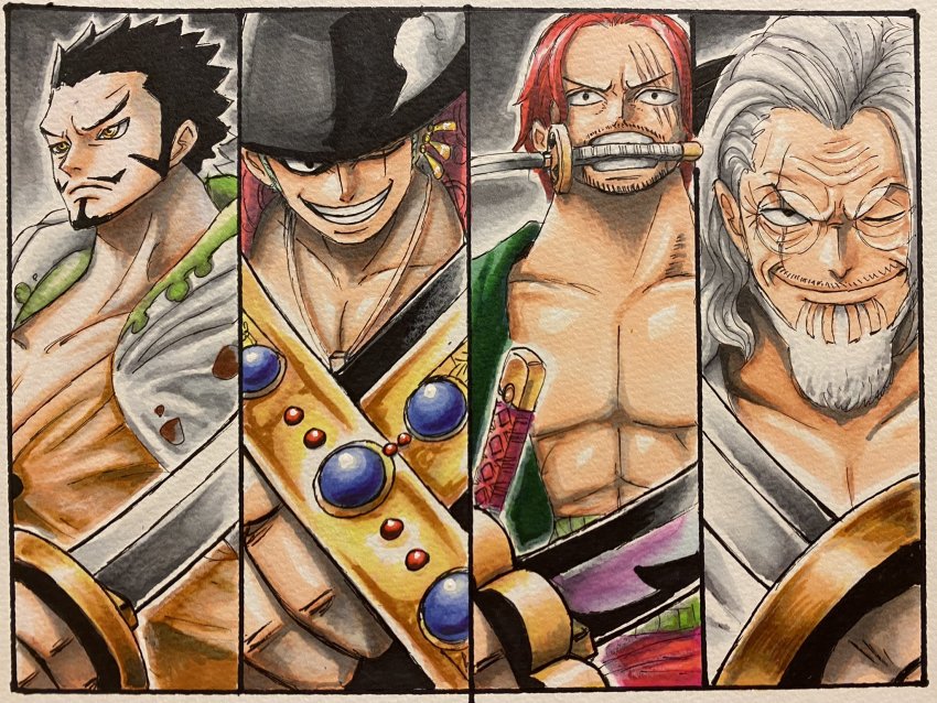 4boys abs beard black_hair breasts cosplay daichan_op dracule_mihawk dracule_mihawk_(cosplay) facial_hair grin hat highres holding holding_sword holding_weapon katana large_pectorals looking_at_viewer looking_to_the_side manly multiple_boys mustache oda_eiichirou_(style) official_style one_piece pectorals red_hair roronoa_zoro roronoa_zoro_(cosplay) scar scar_across_eye scar_on_face shanks_(one_piece) shanks_(one_piece)_(cosplay) silvers_rayleigh silvers_rayleigh_(cosplay) simple_background smile standing sword teeth weapon white_hair yellow_eyes