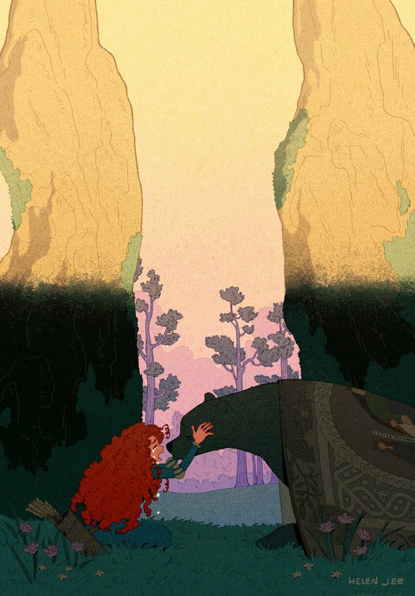 2girls artist_name bear blue_dress brave_(pixar) cairn crying curly_hair dress elinor_(brave) hands_on_another&#039;s_cheeks hands_on_another&#039;s_face helen_jee highres kneeling long_dress long_hair merida_(brave) mother_and_daughter multiple_girls open_mouth quiver red_hair sunset tears