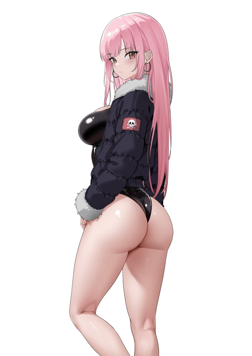1girl absurdres alternate_costume ass black_jacket black_leotard black_nails blunt_bangs blush boots breasts cleavage closed_mouth commentary covered_navel earrings fingernails from_behind from_side fur-trimmed_jacket fur_trim highleg highleg_leotard highres hololive hololive_english hoop_earrings jacket jewelry large_breasts leotard long_hair long_sleeves looking_at_viewer mori_calliope padded_jacket pink_hair platform_boots raikkonen red_eyes sideboob simple_background skull_and_crossbones solo thighs thong_leotard turning_head virtual_youtuber white_background